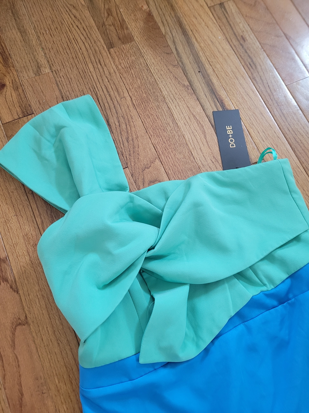 DO+BE Teal Green and Bright Blue One-Shoulder Bow Mini Dress - Picture 2 of 2